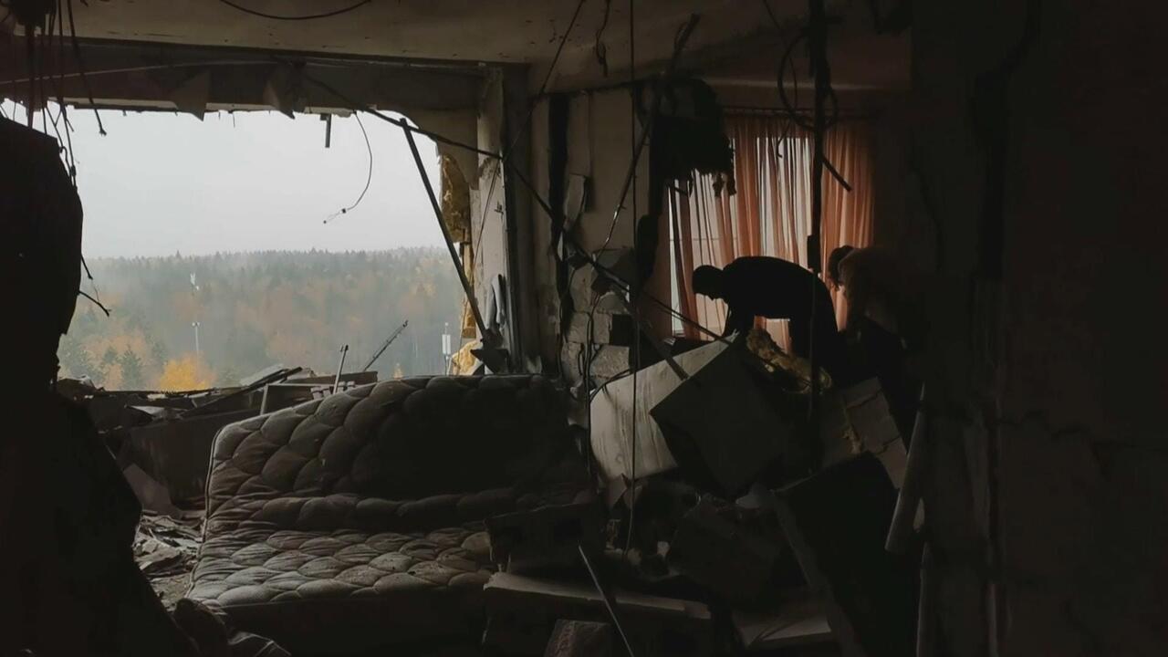 Drone strike - Dramatic shots of destroyed apartment in Moscow region 
