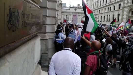 'Govt has rolled out red carpet for a war criminal' - Protesters rally outside London's Foreign Office against Israeli Air Force chief's visit